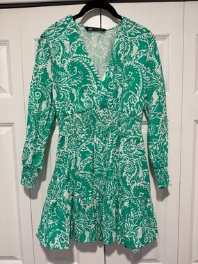 Zara Teal and White Paisley Long Sleeve Smocked Waist Dress